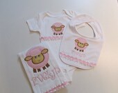 Babies Sweet Lamb Applique Bib, Burp Cloth and Onesie Set, Monogram