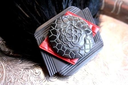 Memoirs of a Geisha Vintage Bakelite Buckle and Button Black Feather Fascinator Hair Clip
