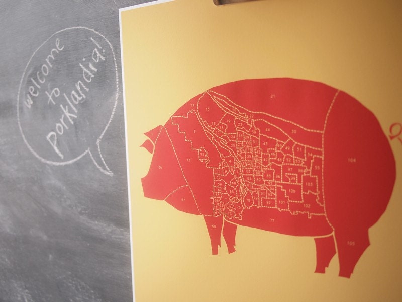 Portland Knows How to Pork - neighborhood butchery map poster