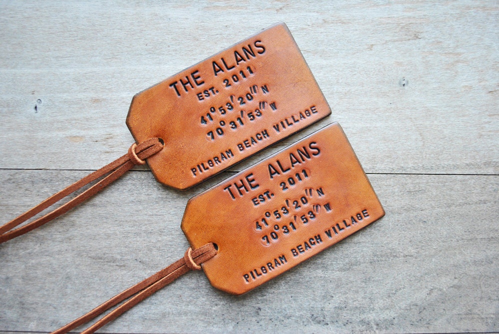 Set of 2 Map Coordinates Leather Luggage Tags. Latitude and Longitude. Custom. Personalized. Unique Gift.