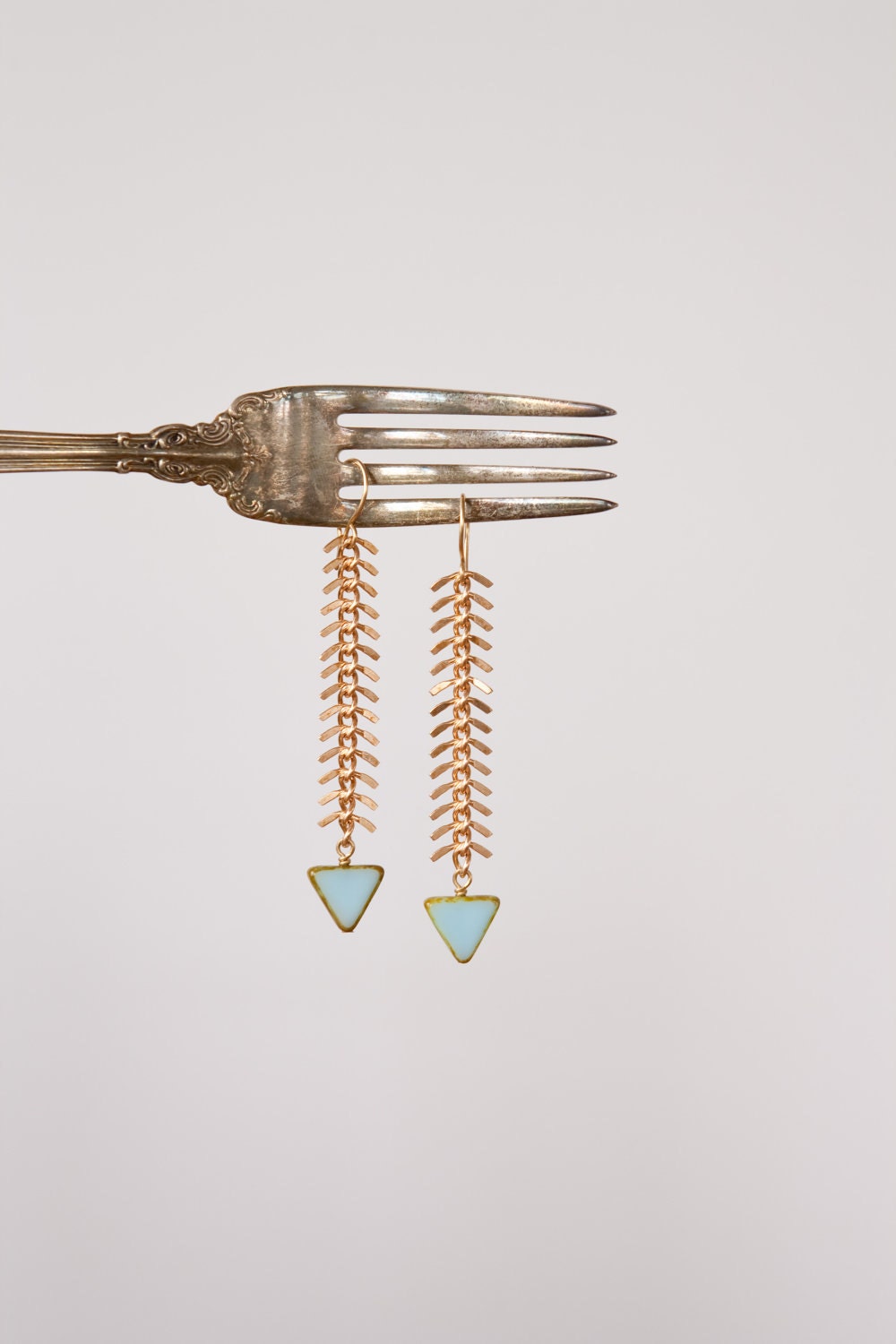 The Fisherman's Daughter - Triangle and Fish Spine Chain Drop Earrings, Tribal, Chevron, Fish Bone Chain by Prairieoats