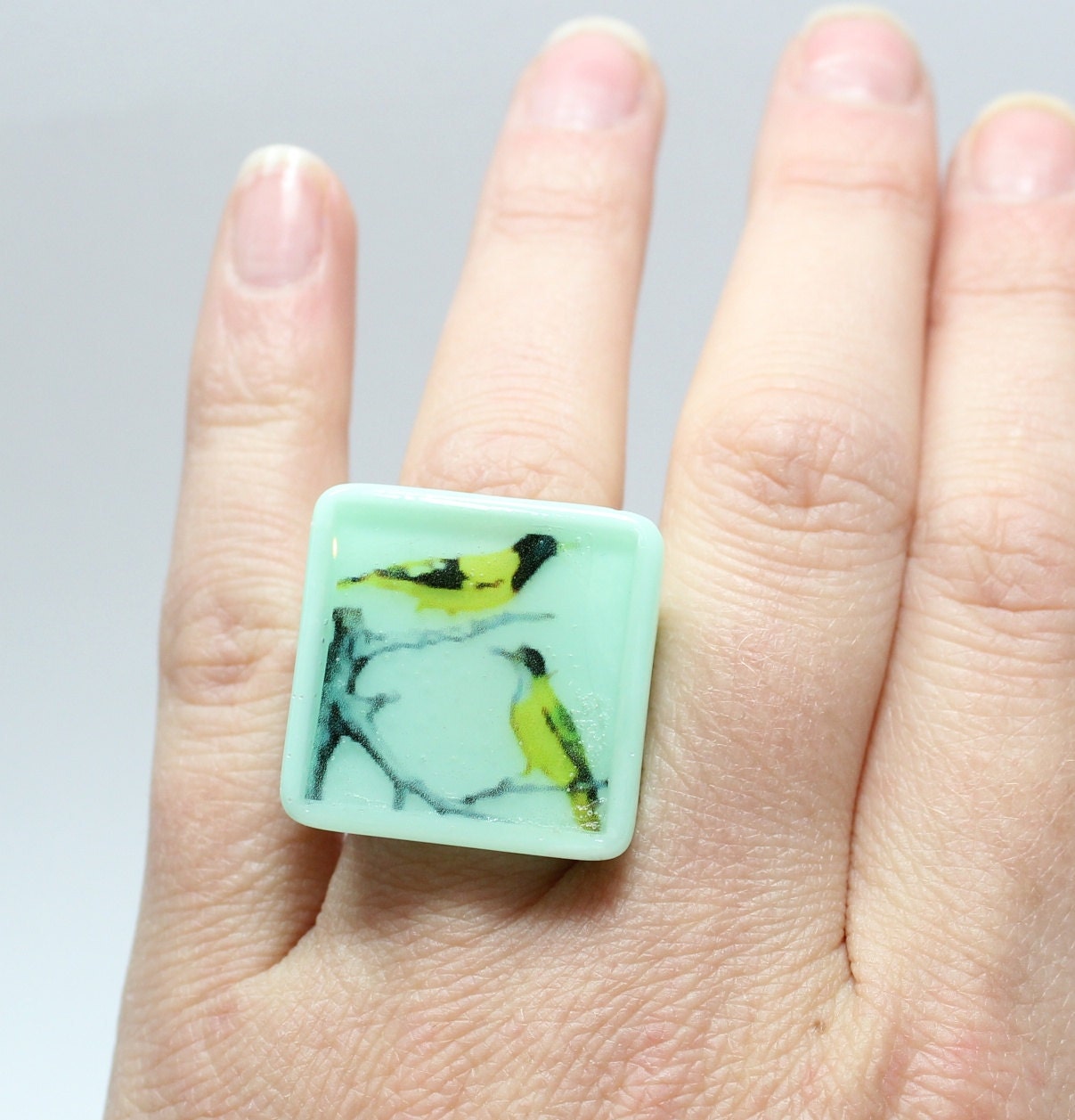 Vintage Print Yellow Bird Resin Ring