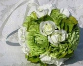 Green ranunculus, ivory rosebuds and green hydrangea make up my "Fresh Mint" kissing ball.