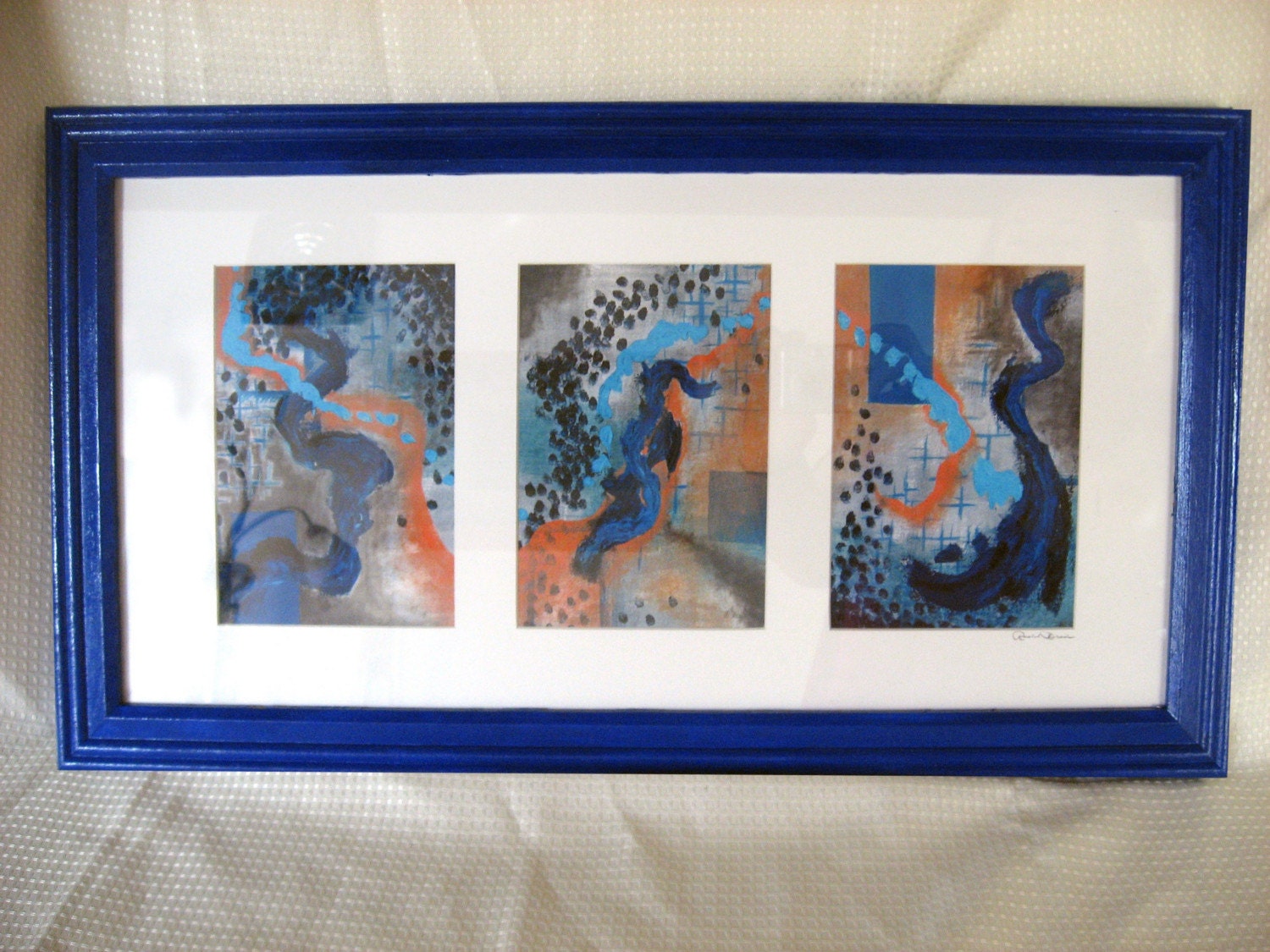 Frames of Thought, Framed 5x7 Tryptych Prints, Handpainted Blue Frame