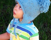 Instantly Downloadable PDF Knitting Pattern Shaggy Top Earflap Cap Pom Pom Ear Flap Hat Boy Girl Hat Circumference 18 inches fits 2-5 years