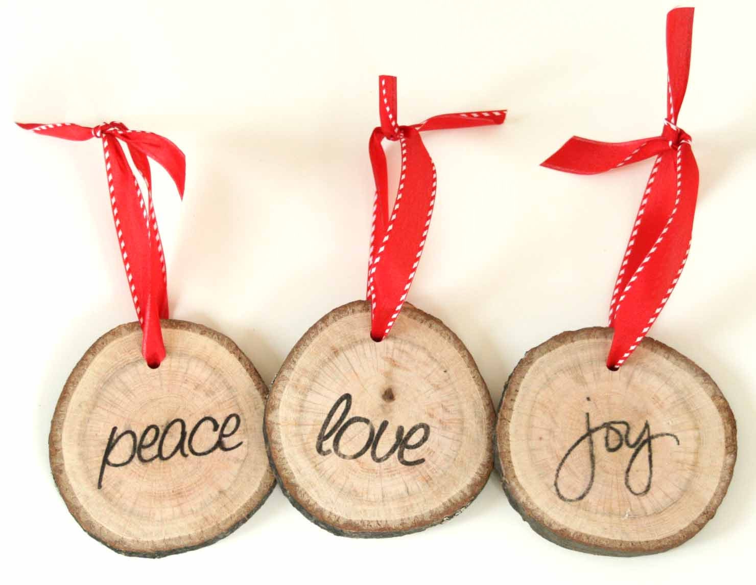 Modern Rustic Christmas Tree Ornament - Set of Three Rustic Tree Rings with the words pease, love & joy - FREE US Shipping