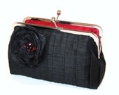 Bella Pleated Silk Clutch-Black-Bridal Clutch-Bridesmaid Clutch-Wedding Purse-Formal-Clutch-Organza Flower