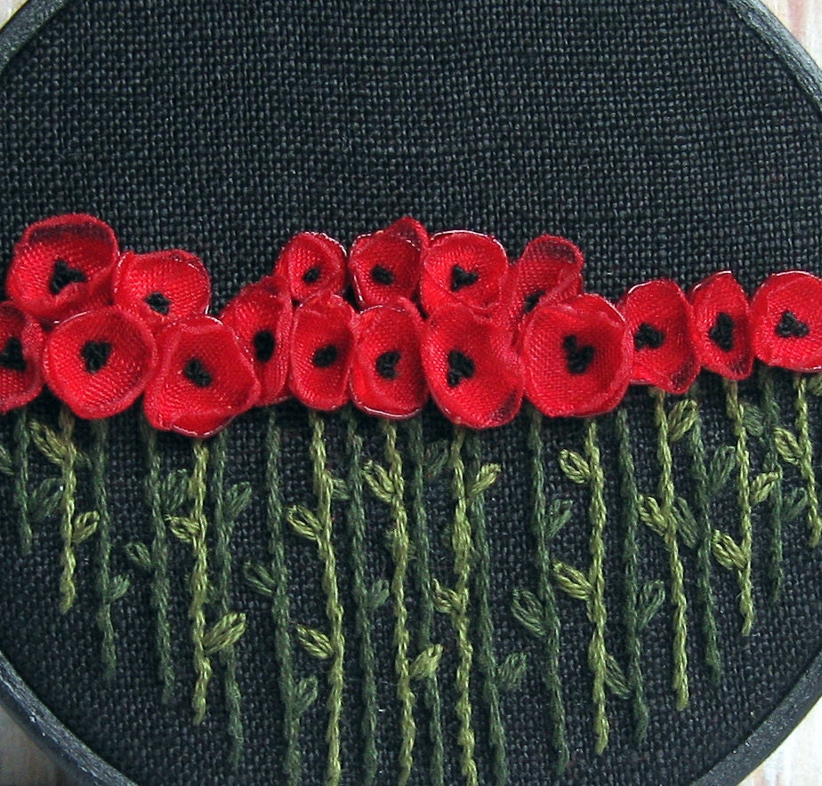 Hand Embroidered Red Poppies Wall Decor