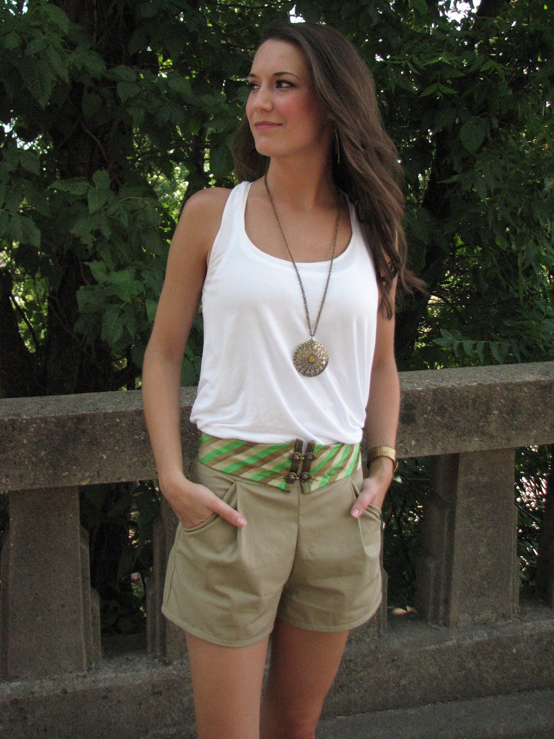 Tailored Khaki Shorts with Waist Belt -- Upcycled Vintage Tie
