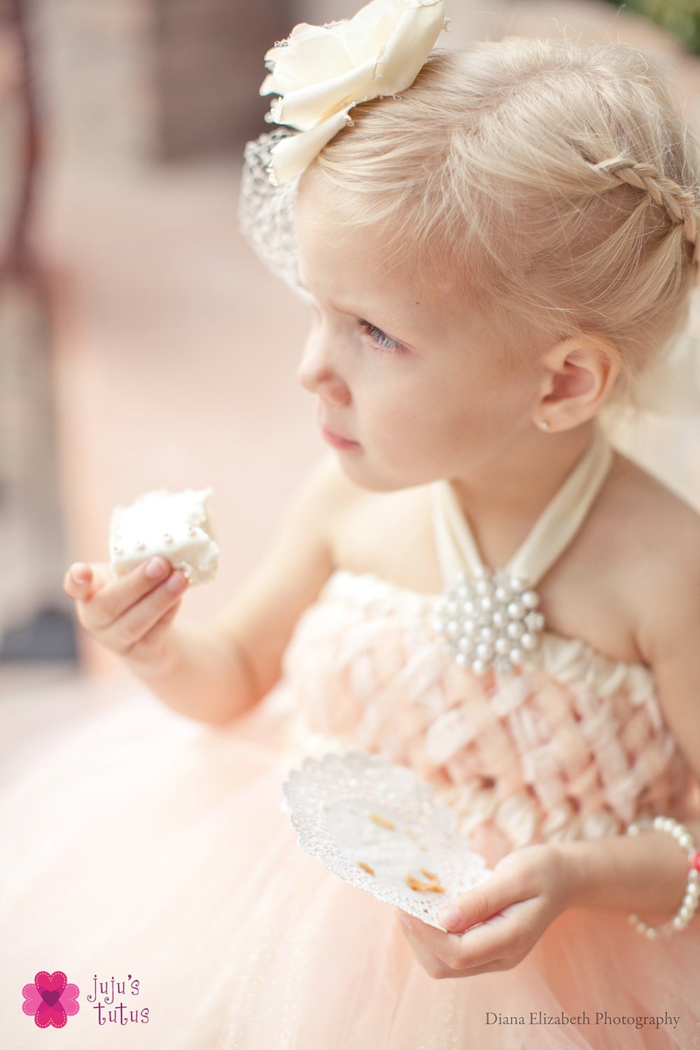 Sweet Sophistication Flower Girl Dress, shown in Peach, Size Medium