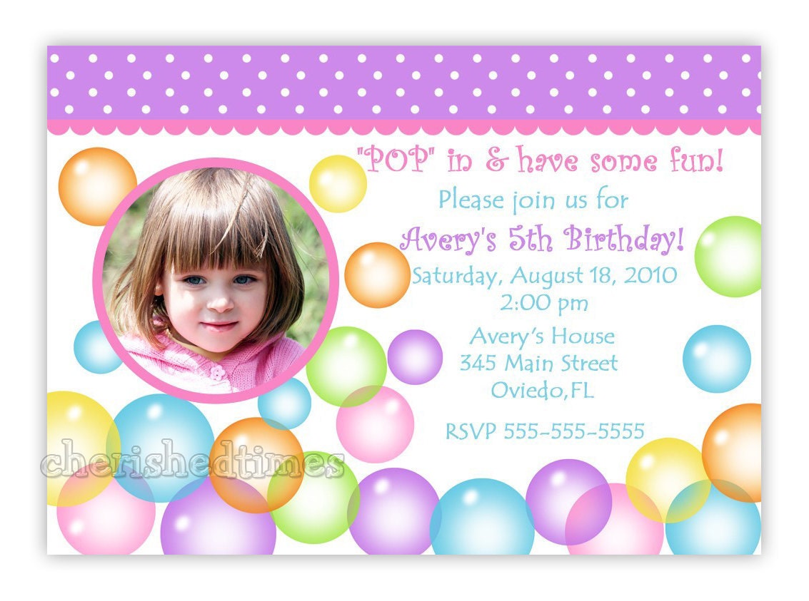 Blowing Bubbles Birthday Photo Card  Invitation (Digital File)