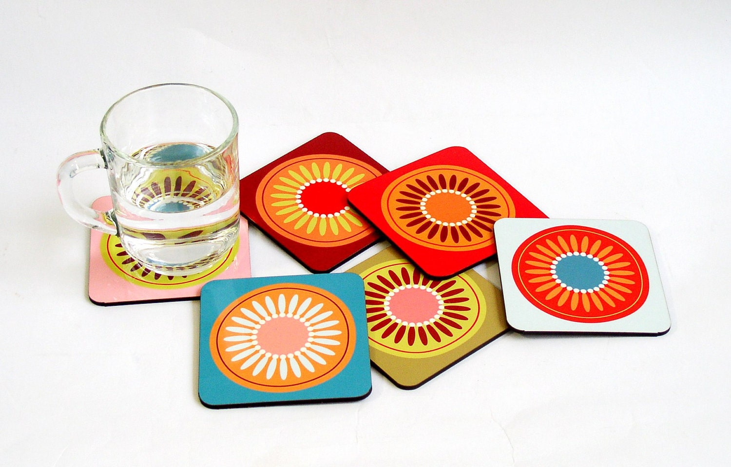 coasters retro flowers set of six coasters teal blue pink red green easter spring gift idea under 25