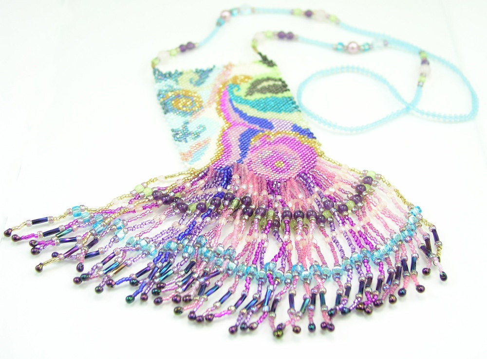 Necklace, Beaded, Ocean Flowers Cascade with Fringe