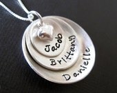 Mothers Hand Stamped Jewelry -  Personalized Sterling Silver Necklace - Three Domed Pendants