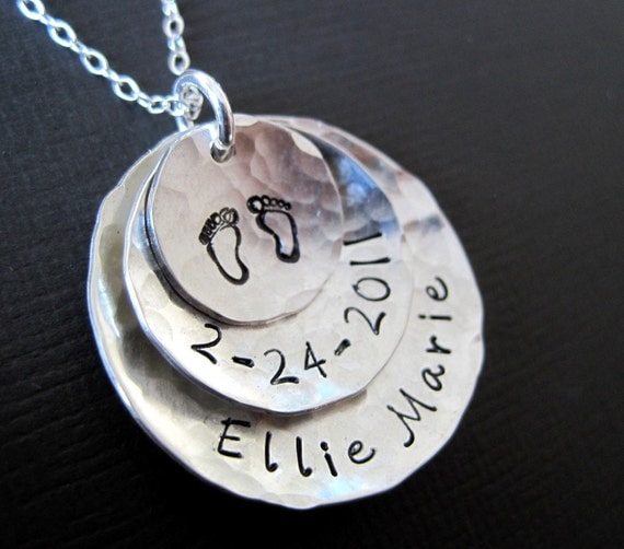 Hand Stamped Personalized Sterling Silver Jewelry for Mom - Three Pendants Domed Necklace