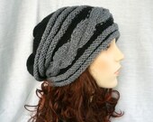 Slouchy hat with cable stitches/unisex in black and gray