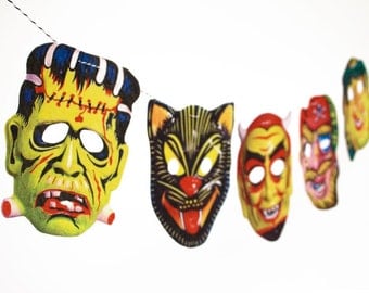 Vintage Halloween Garland,  2-D Funny Masks