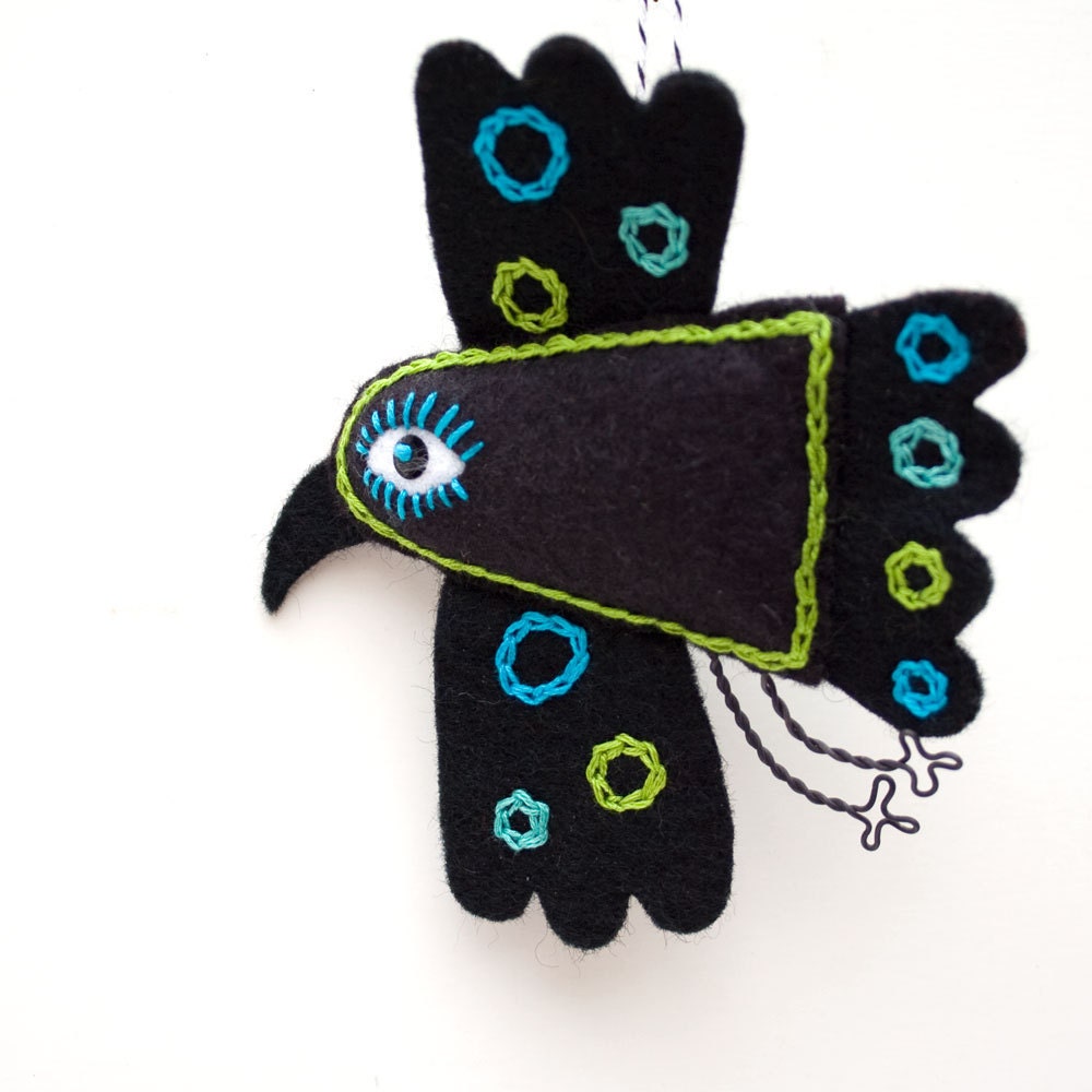 Mexican Folk Art Felt Raven ornament handstiched