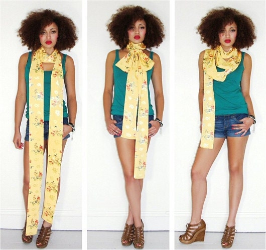 SALE - Extra long yellow vintage floral fabric hand printed scarf pussy bow Ltd EDITION