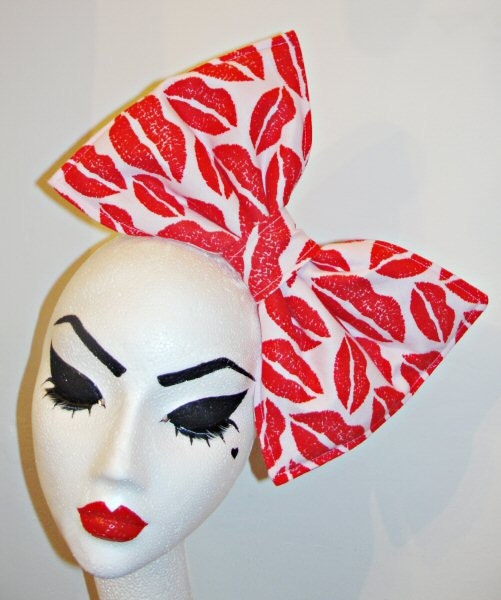 Baby pink & red Lisptick kiss print oversized hair bow - headband or comb