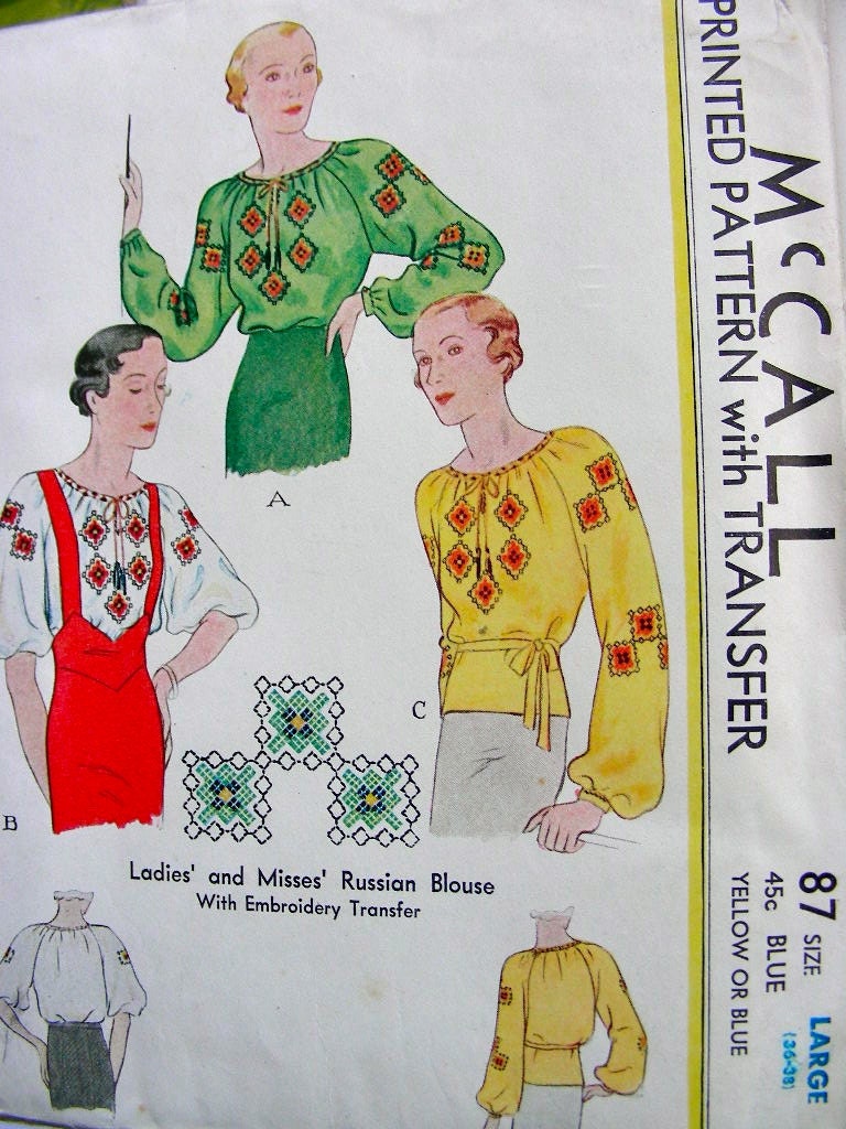 RARE - EXQUISITE Vintage 1930's McCALL Sewing Pattern 87 - Uncut - Russian Blouse & Embroidery Transfer