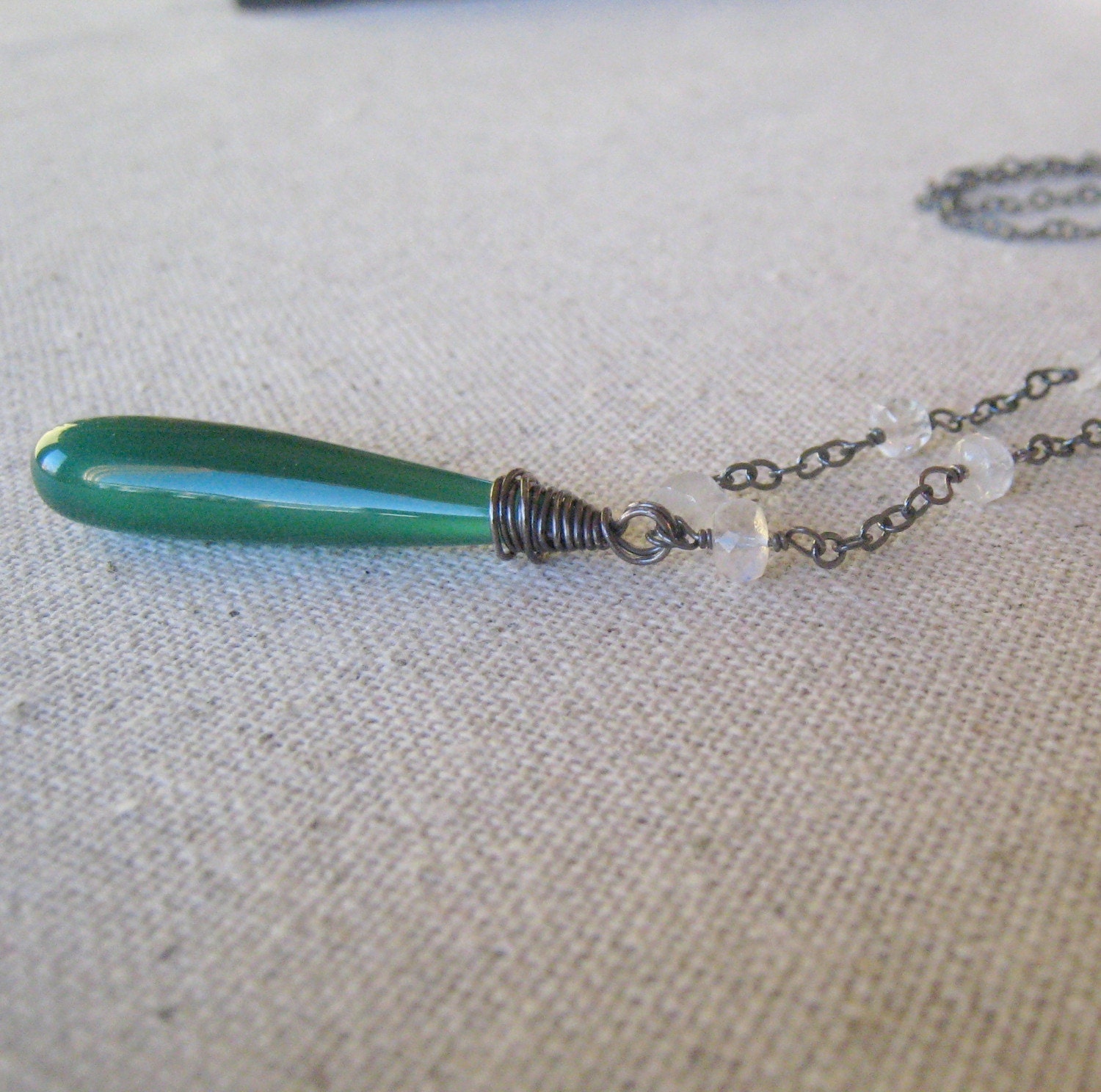 Green Necklace, Oxidized Sterling Silver Necklace, Green Chalcedony Long Necklace, Long Teardrop Gemstone  - Wicked