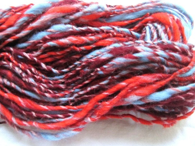Handspun Yarn Merino Blue and Red Core Spun Yarn 88yards