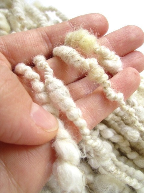 Super Coil Hand Spun White Natural Egyptian Cotton, Linen, Flax, Merino, Silk, Wensleydale Fiber Blend Yarn 22yards