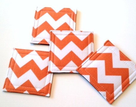 Set of 4 Coasters made w/ Designer fabric Chevron in Orange, Tangerine