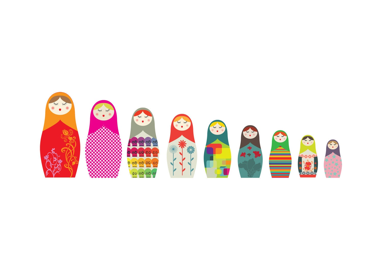 A3 Matryoshka Russian Dolls Big to Small -  giclee print - fine art paper  - 29.7x42cms