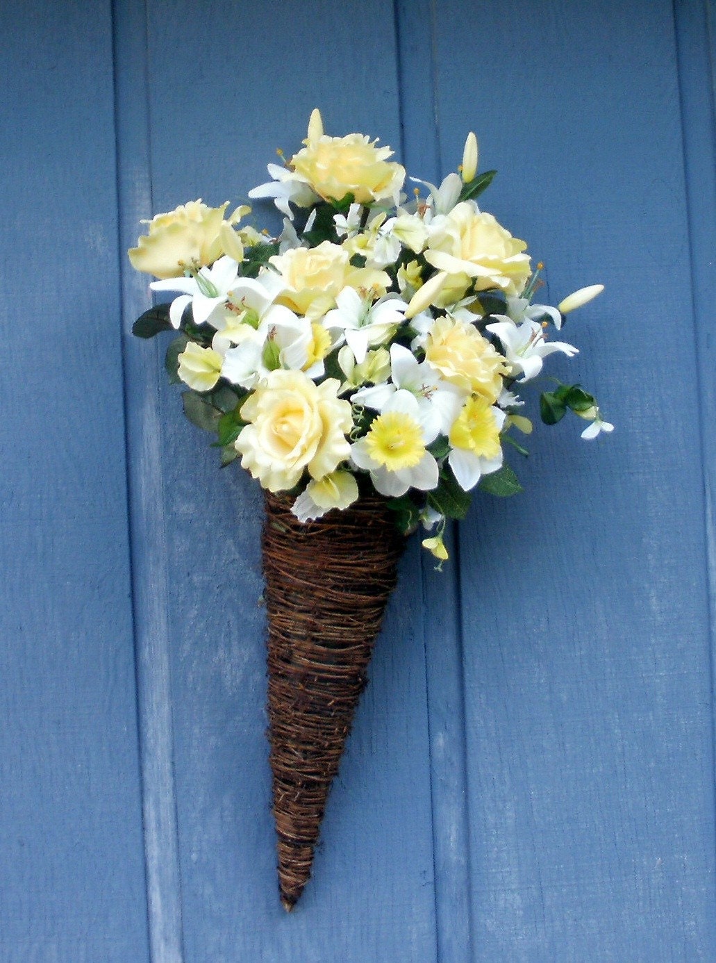 Yellow Roses, Lilies, and Sweet Pea Large Yellow Cone by Silk N Lights Designs