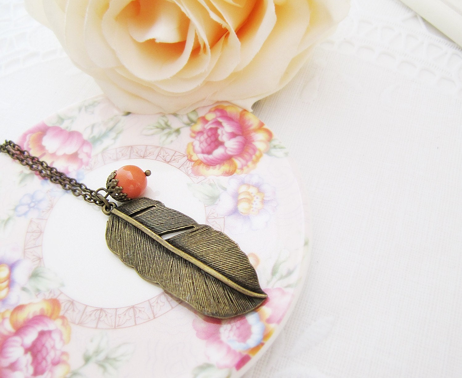 Beautiful Feather - Antique Brass Feather Charm with Orange Swarovski Pearl Necklace