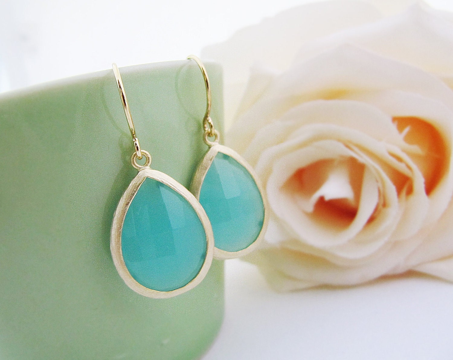 Wedding Jewelry Bridal Jewelry Bridal earrings Bridesmaid Earrings Mint Opal Glass Gold Trimmed Earrings
