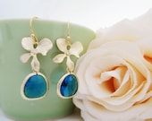 Matte Gold Orchid flower and Capri Blue Glass Drop Earrings . For Her. Gift for Her. Bridesmaid Earrings