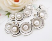 Set of 3 Bridal Earrings Bridesmaid Earrings Beautiful Matte Rodium Lotus Ear posts with freshwater pearl