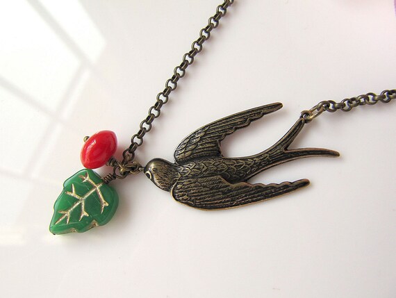 Flying Swallow - Antique Brass detail Swallow Charm and Czech Glass Leaf Necklace