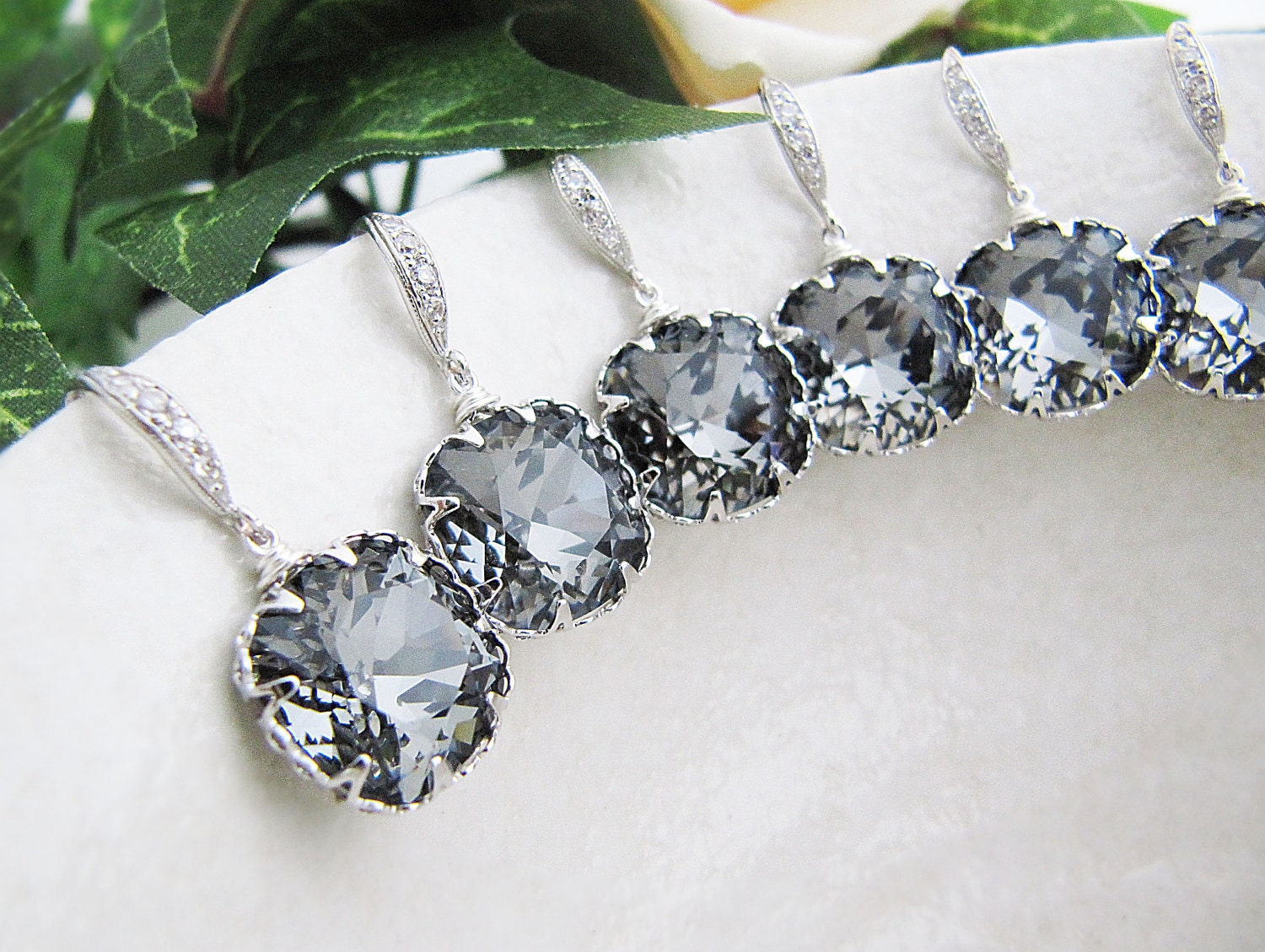 SET of 4 Bridal Earrings Bridesmaid Earrings Rodium plated Sterling Silver Ear hooks and Crystal Silver Night Swarovski Crystal Square drop