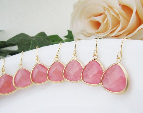 SET of 5 Wedding Jewelry Bridesmaid Jewelry Bridal Earrings Bridesmaid Earrings Baby Pink Agate Matte Gold Trimmed Earrings