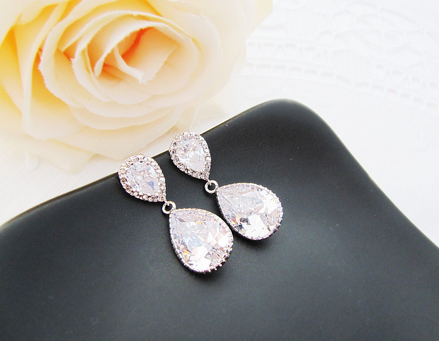 Wedding Bridal Earrings Bridesmaid Earrings Bridal Jewelry clear white large cubic zirconia Crystal tear drop Earrings Bridesmaid Gift