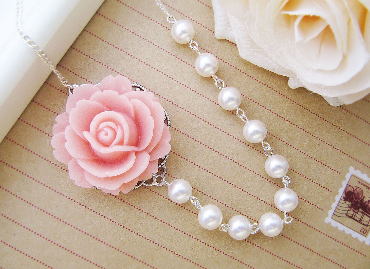 Bridal Necklace Bridesmaid Necklace Romantic light pink Rose Flower Cabochon and Crystal White Swarovski Pearls