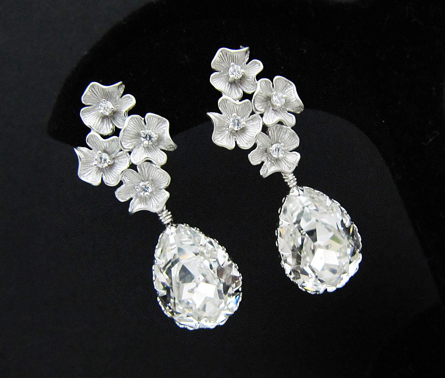 Wedding Jewelry Bridal Earrings Bridesmaid Earrings flower with cubic zirconia ear posts and Clear White Swarovski Crystal Tear drops
