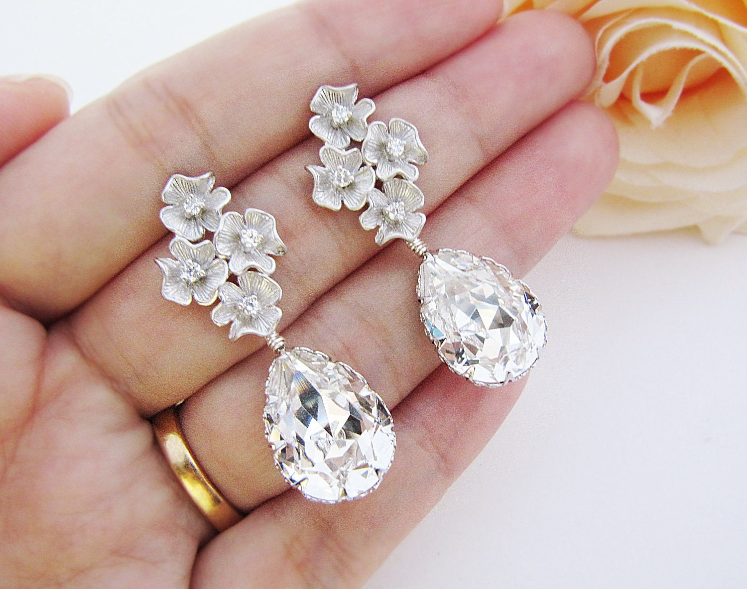 Wedding Jewelry Bridal Earrings Bridesmaid Earrings flower with cubic zirconia ear posts and Clear White Swarovski Crystal Tear drops