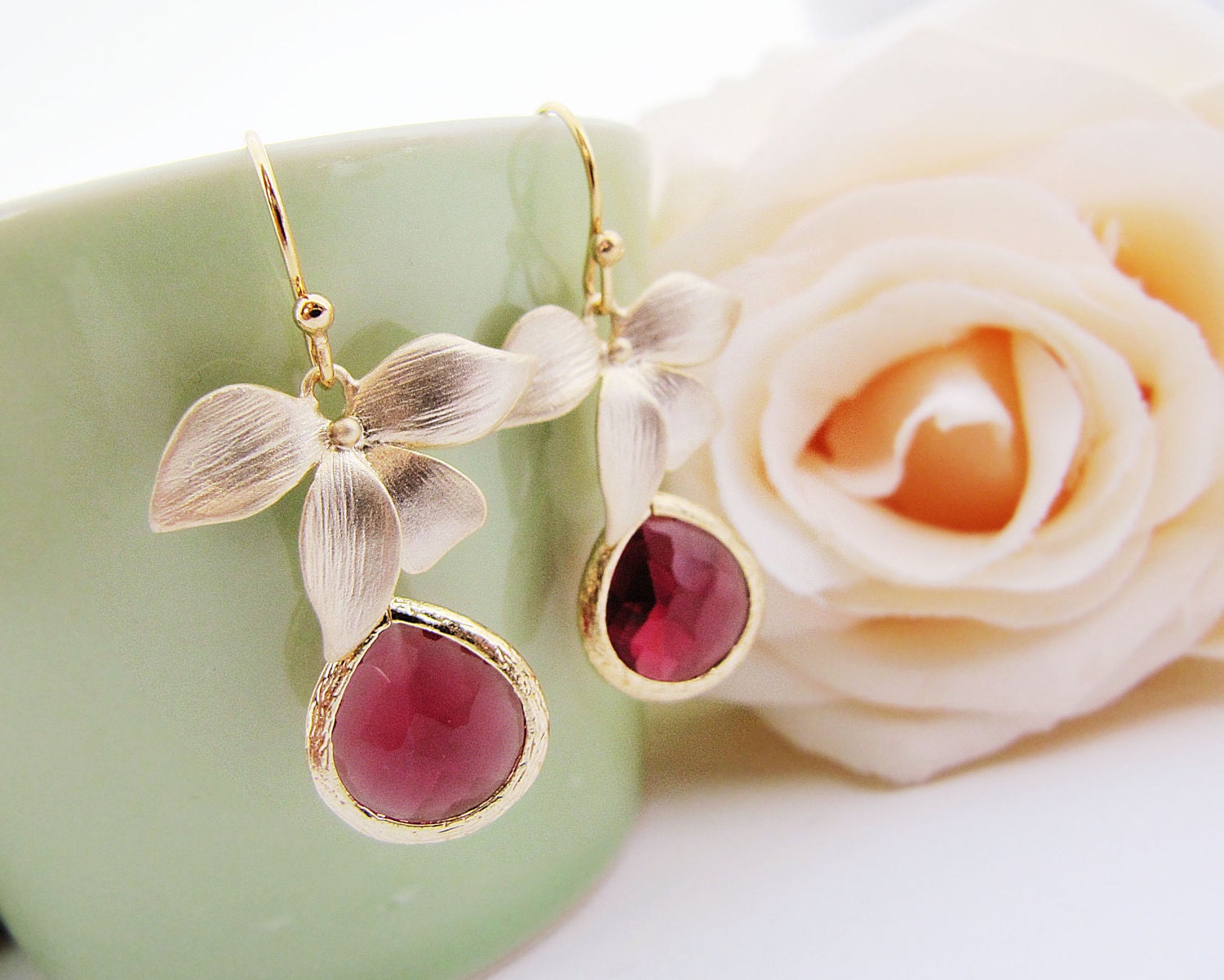 Matte Gold flower and Red Ruby Glass Drop Earrings . For Her. Gift for Her. Bridesmaid Earrings