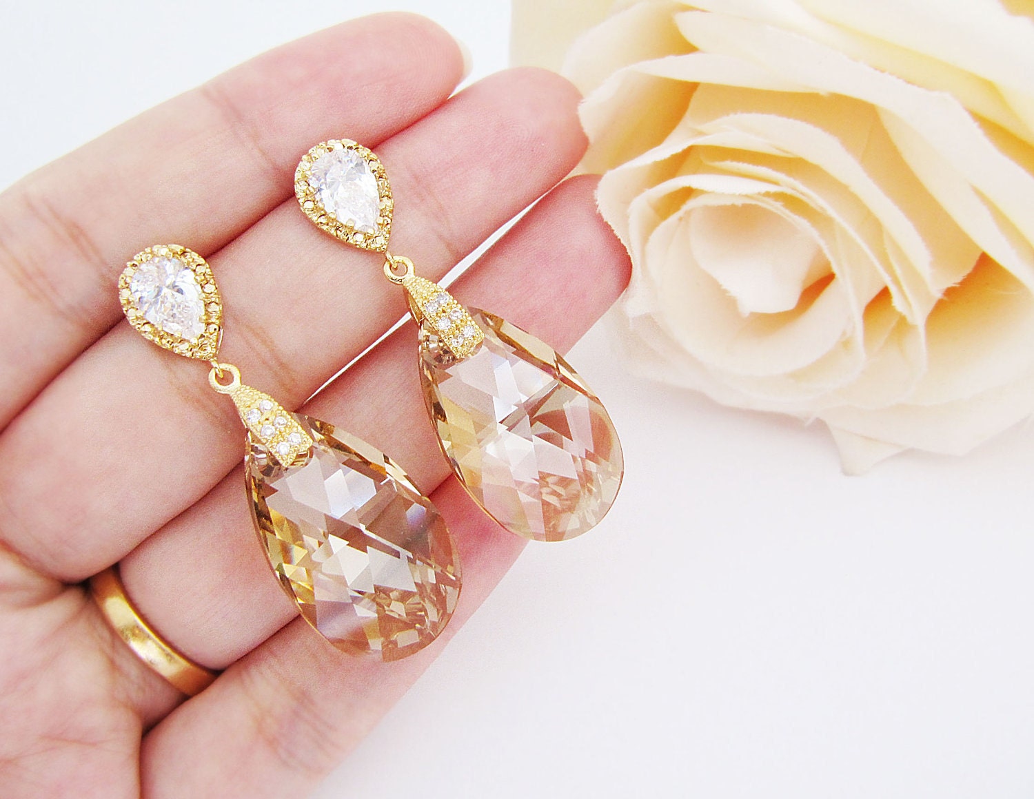 Bridal Earrings Gold plated Cubic zirconia ear posts with (Huge) Golden Shadow Swarovski Crystal drops