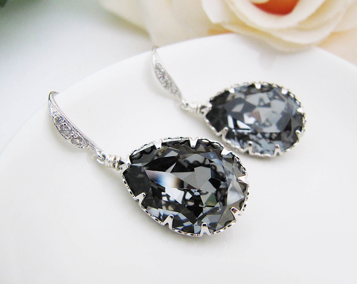 Bridal Earrings Bridesmaid Earrings cubic zirconia ear wires and Silver Night Swarovski Crystal Tear drops
