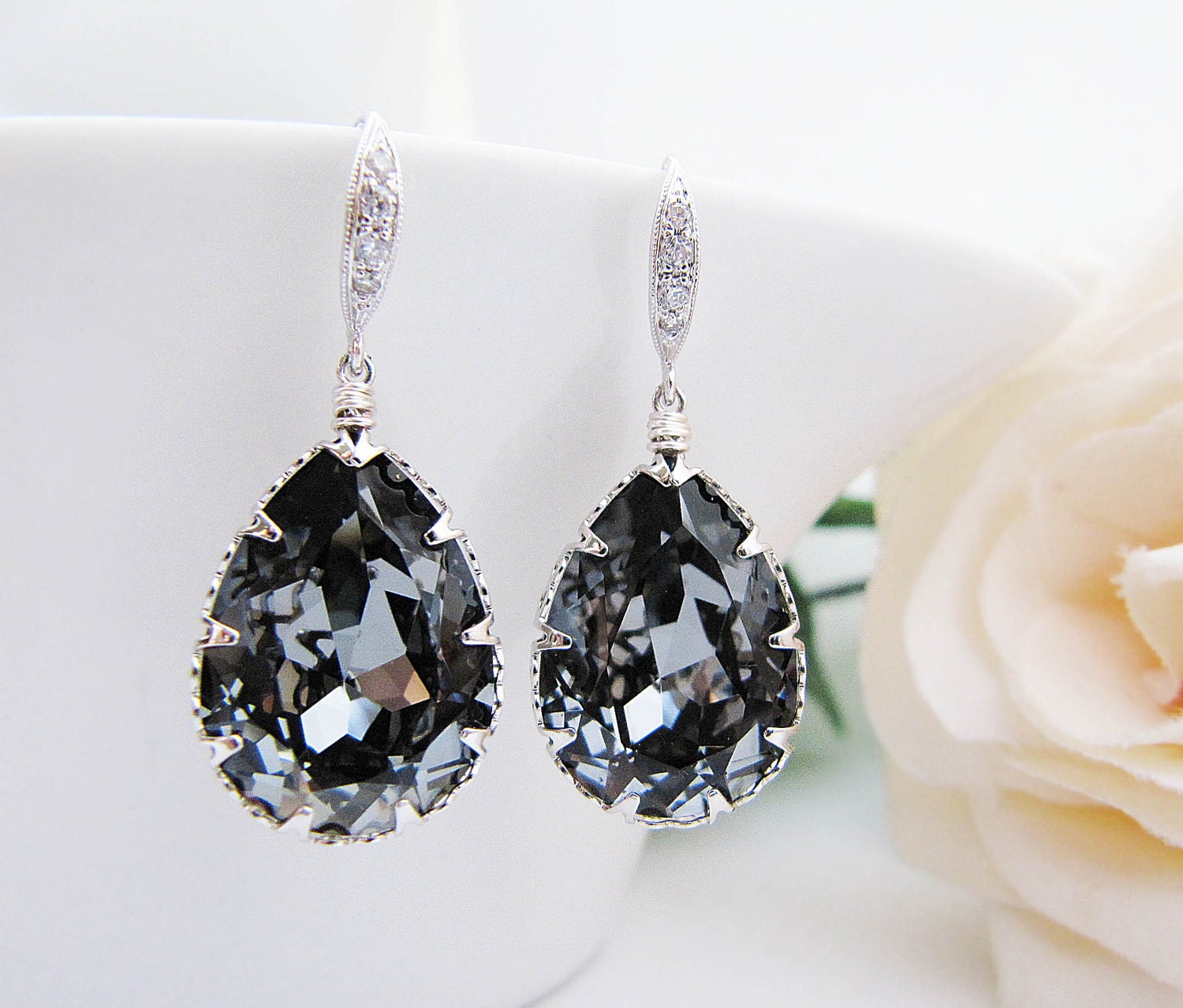 Bridal Earrings Bridesmaid Earrings cubic zirconia ear wires and Silver Night Swarovski Crystal Tear drops