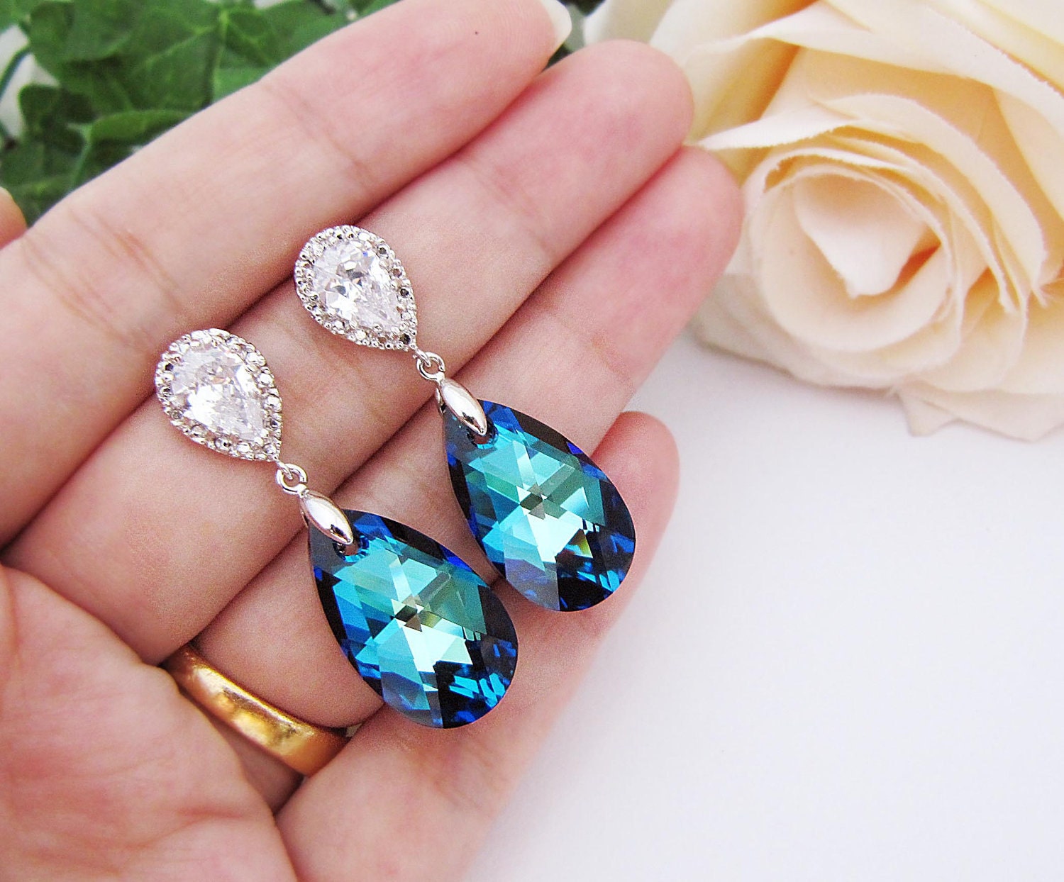 Something Blue Wedding Jewelry Bridal Jewelry Bridal Necklace Bridal Earrings (Large) bermuda blue Swarovski Crystal drops Bridesmaid Gifts
