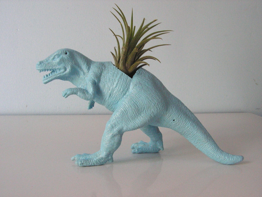 Upcycled Dinosaur Planter - Blue Tyrannosaurus Rex with Tillandsia Air Plant