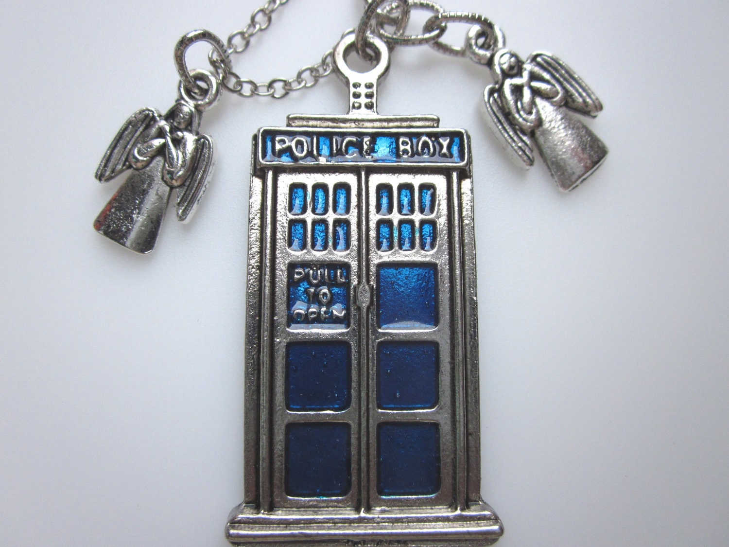 DONT BLINK. Police Box Necklace with Weeping Angels