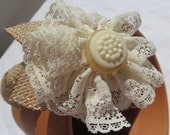 BURLAP & LACE Head Band Headband Hairbow Hair Bow  Infant Child Brown and White with Buttons